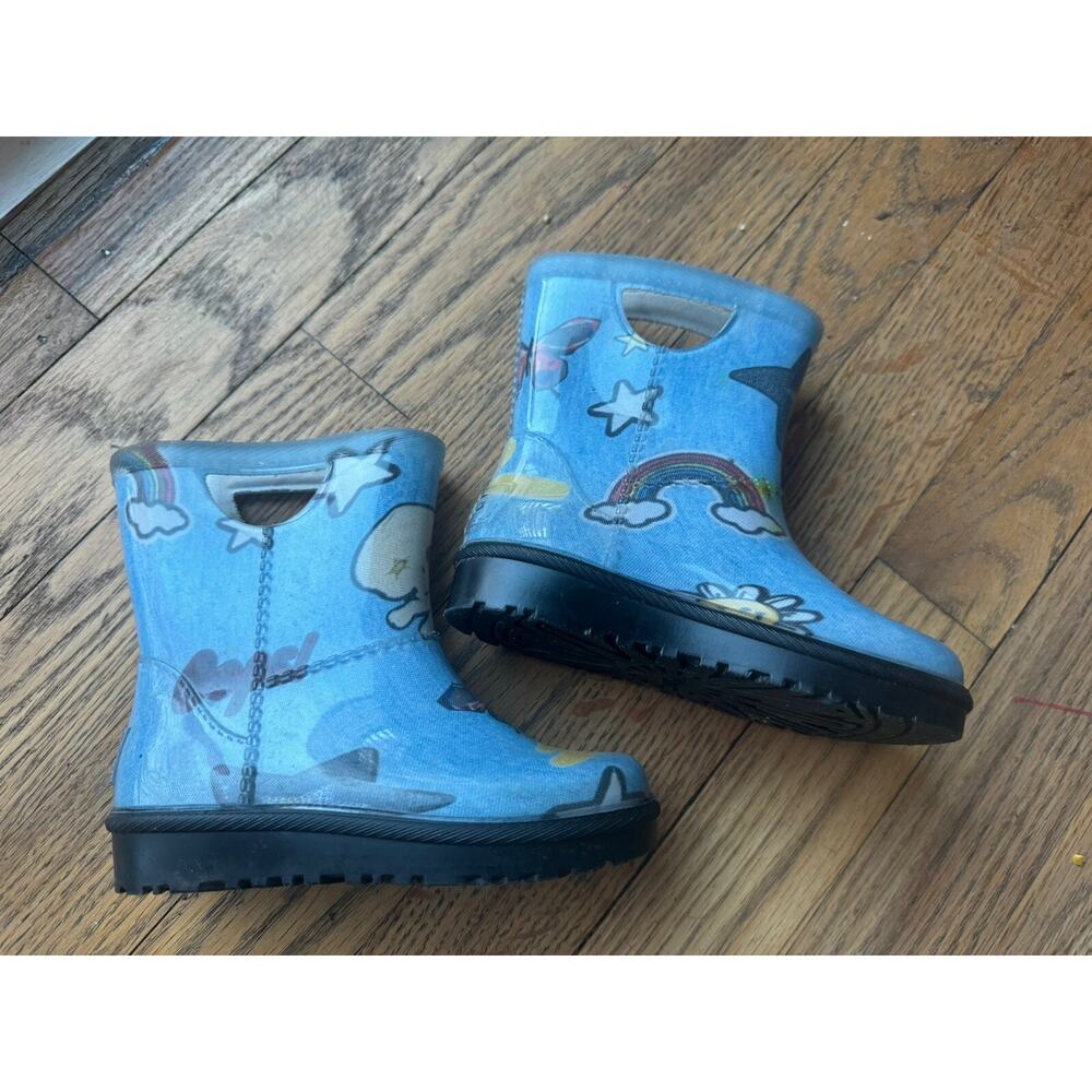 Ugg Kids Girls Raana Patches Denim Rain Boots Size 8 Daisy Rainbow Stars
